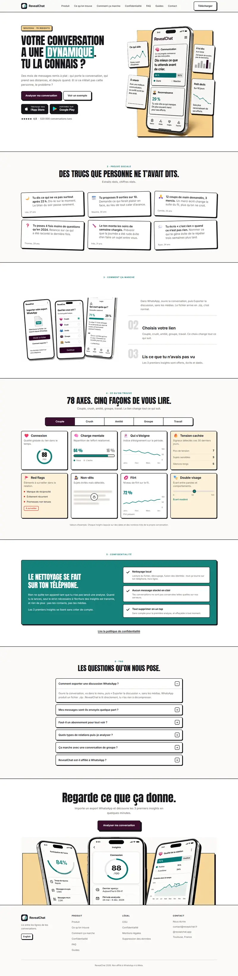 Le site RevealChat, parcouru de haut en bas