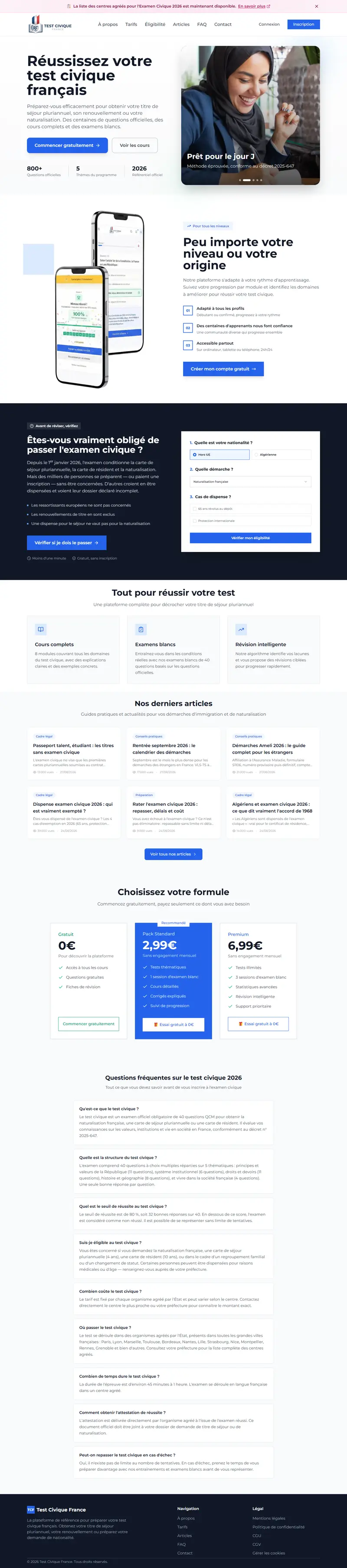 Le site Test Civique France, parcouru de haut en bas